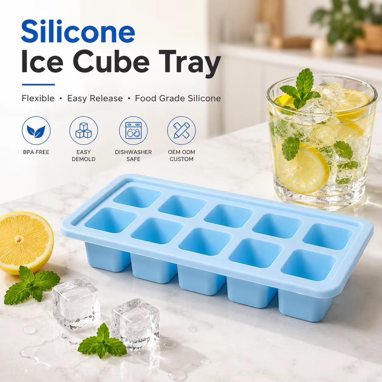 10 Compartment Silicone Ice Cube Tray with Optional Lid