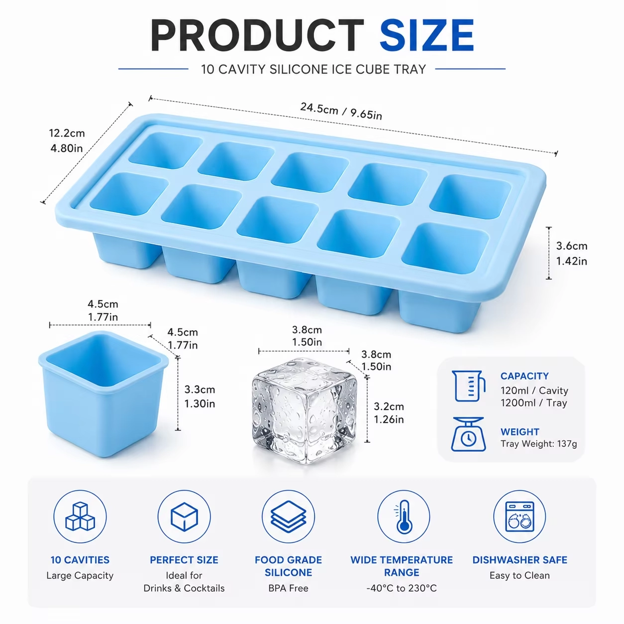 10 Compartment Silicone Ice Cube Tray with Optional Lid