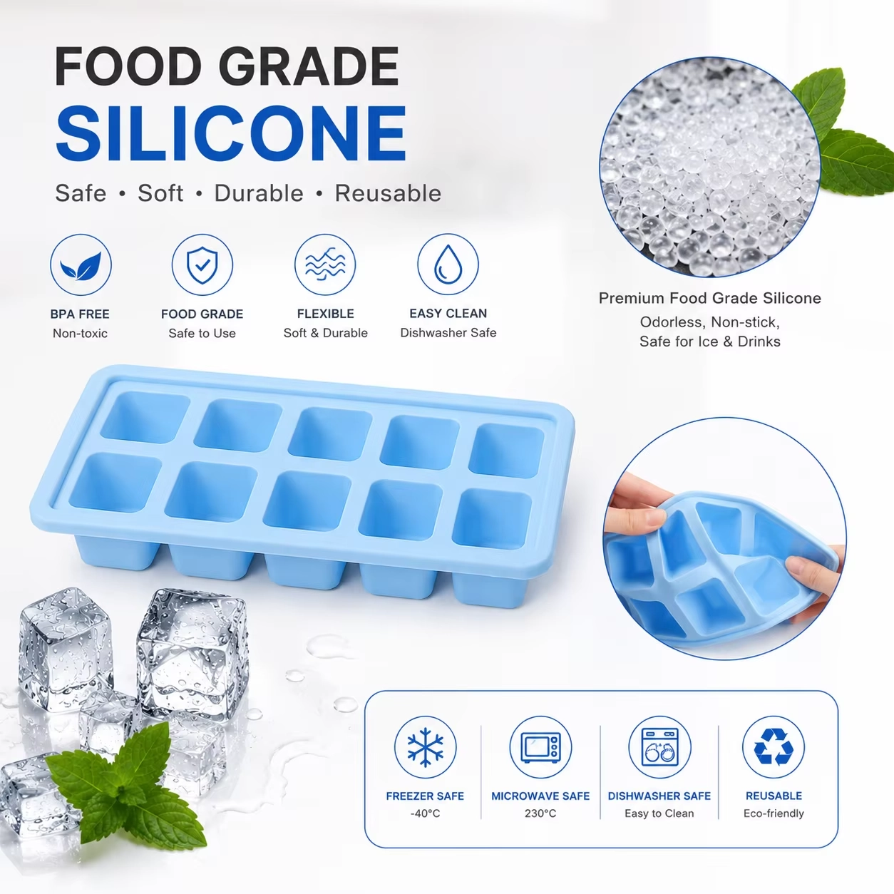 10 Compartment Silicone Ice Cube Tray with Optional Lid
