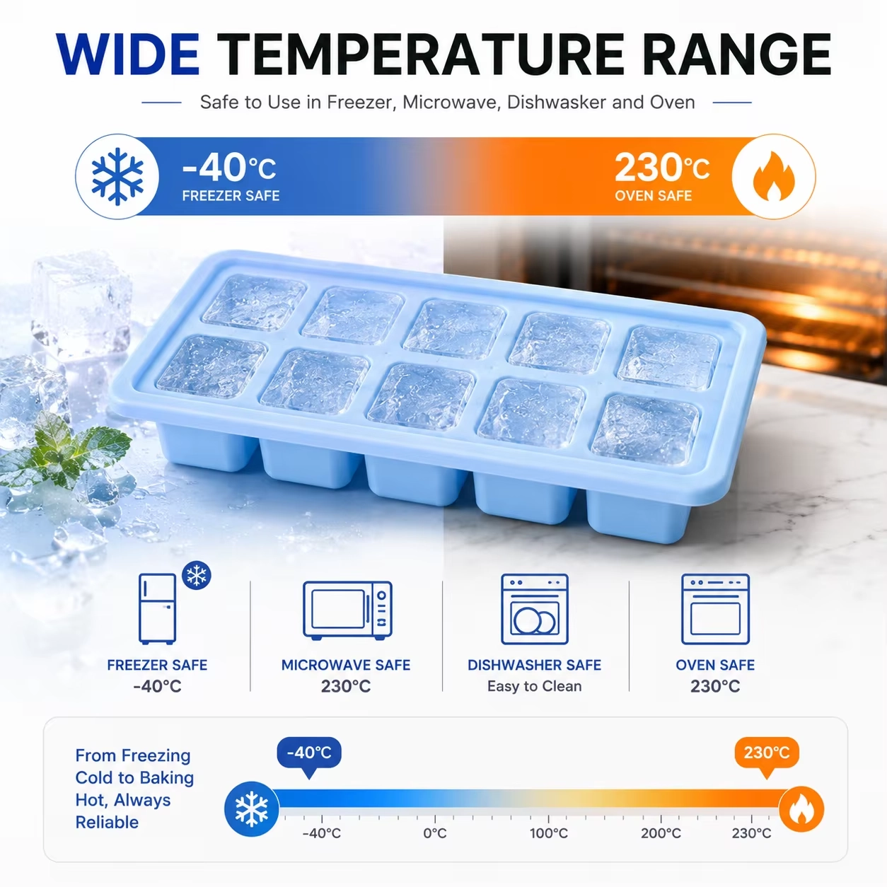 10 Compartment Silicone Ice Cube Tray with Optional Lid